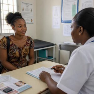 Mozambican woman age 25 30 visiting a healthcare clinic and speaking with a nurse realistic clinic environment respectful and professional natural lighting 1
