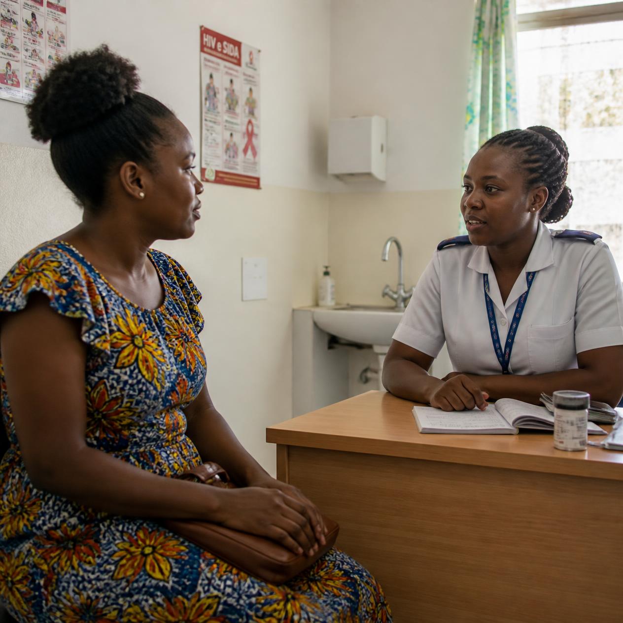 Mozambican woman age 25 30 visiting a healthcare clinic and speaking with a nurse realistic clinic environment respectful and professional natural lighting 2