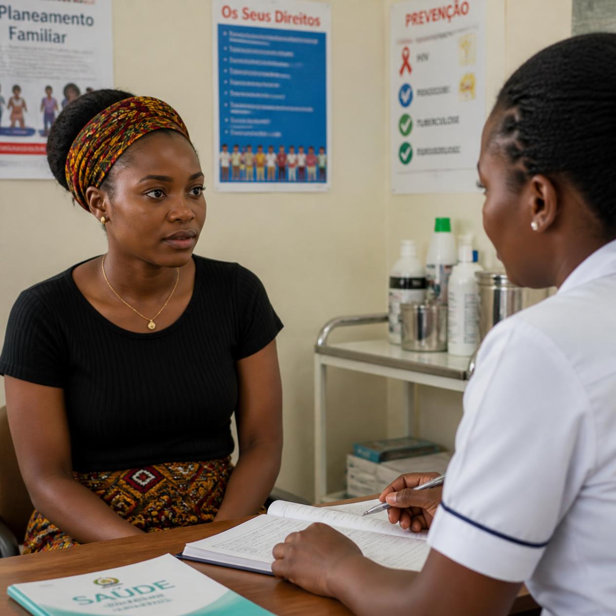 Mozambican woman age 25 30 visiting a healthcare clinic and speaking with a nurse realistic clinic environment respectful and professional natural lighting
