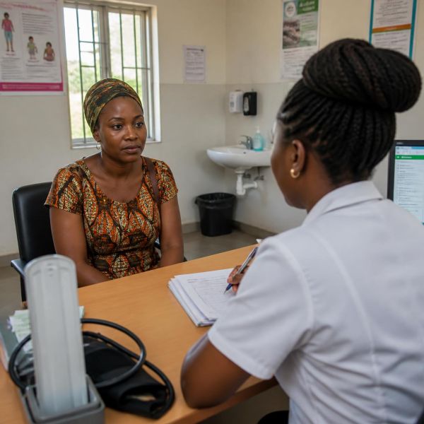 Mozambican woman age 32 38 visiting a healthcare clinic