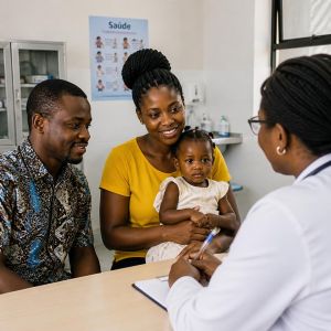 Realistic healthcare clinic scene of a Mozambican